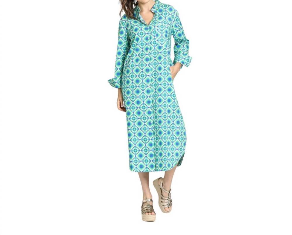 NEW APNY printed long sleeve cotton shirtdress in blue multi